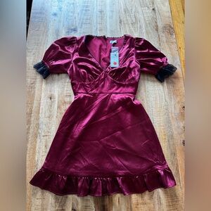 Kit and Sky Burgundy red Satin like midi Dress with Lace Trim NWT flare A line